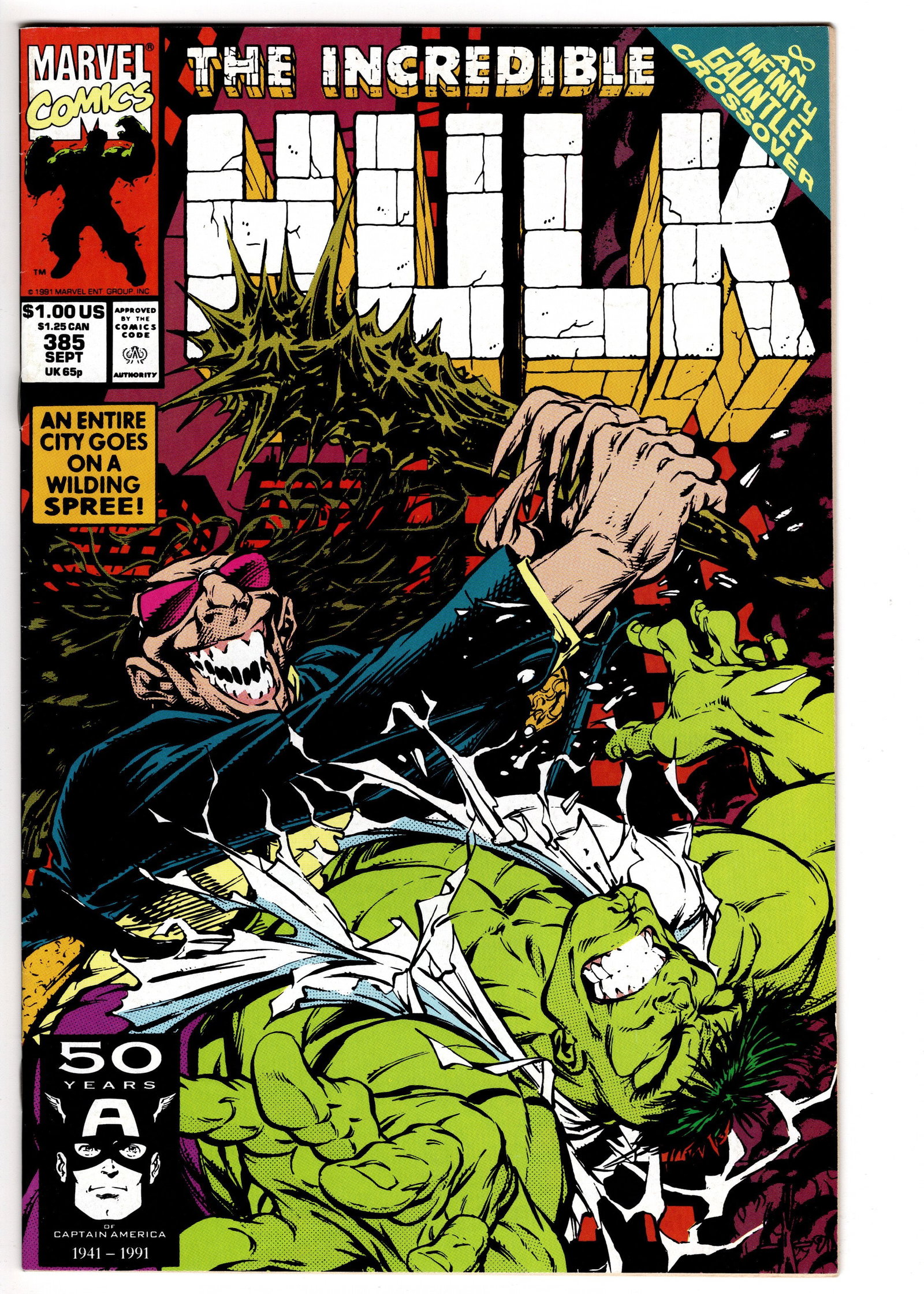 The Incredible Hulk #385 (Marvel, 1991): The Incredible Hulk #385 features the Infinity Gauntlet crossover during one of Peter David's celebrated runs on the character. As the Infinity Gauntlet event reshaped the Marvel Universe, Hulk found 