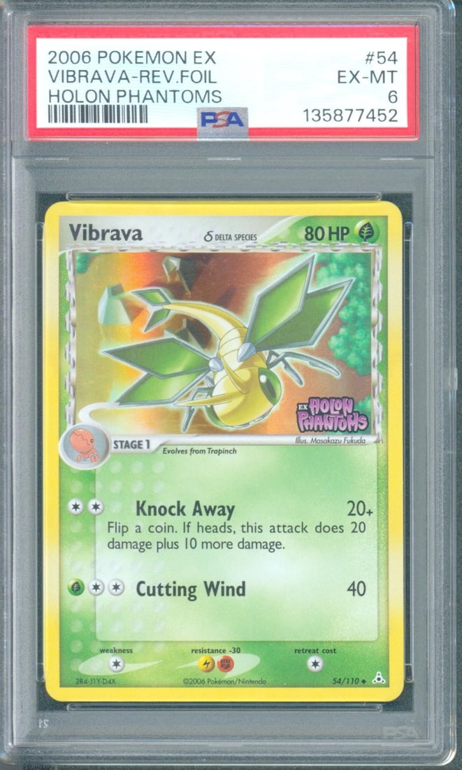 Vibrava #54 Reverse Foil (EX Holon Phantoms, 2006) PSA 6: Vibrava #54 Reverse Foil from the 2006 Pokémon EX Holon Phantoms set is a mid-2000s EX era card with appealing reverse holo presentation. Holon Phantoms is part of a period that has gained