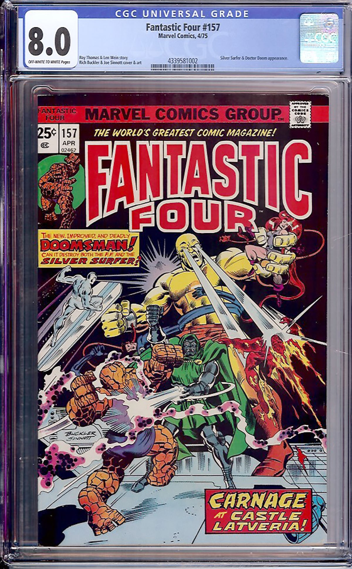 Fantastic Four #157 (Marvel, 1975) CGC 8.0: Fantastic Four #157 features the Fantastic Four battling Doctor Doom alongside the Silver Surfer in a memorable Bronze Age adventure written by Roy Thomas with artwork by Rich Buckler and Joe Sinnott.