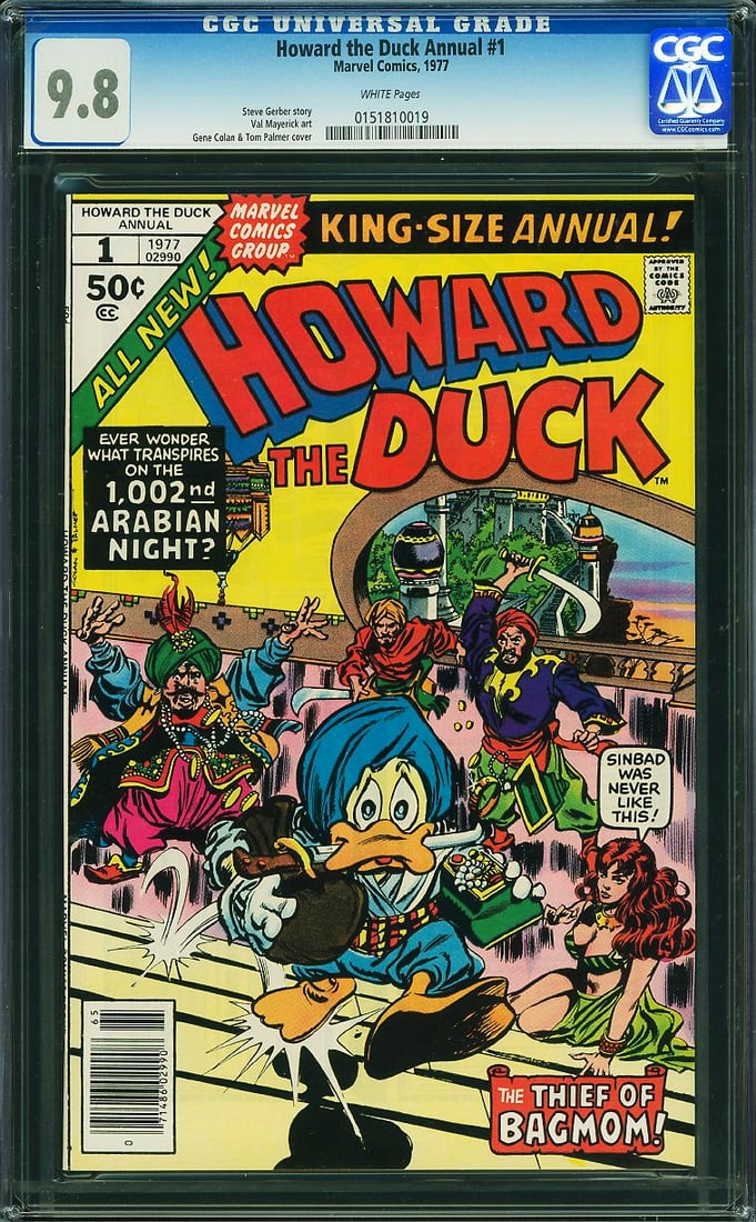 Howard the Duck Annual #1 (Marvel, 1977) CGC 9.8 – Highest Graded: Howard the Duck Annual #1 is the only annual published during Steve Gerber's legendary original run and features an all-new oversized adventure. Annuals from the Bronze Age are notoriously difficult