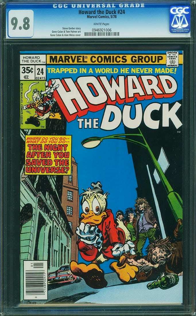 Howard the Duck #24 (Marvel, 1978) CGC 9.8 – Highest Graded: Howard the Duck #24 continues Steve Gerber's cult classic series with another blend of satire, adventure, and offbeat storytelling that helped define one of Marvel's most unconventional Bronze Age tit