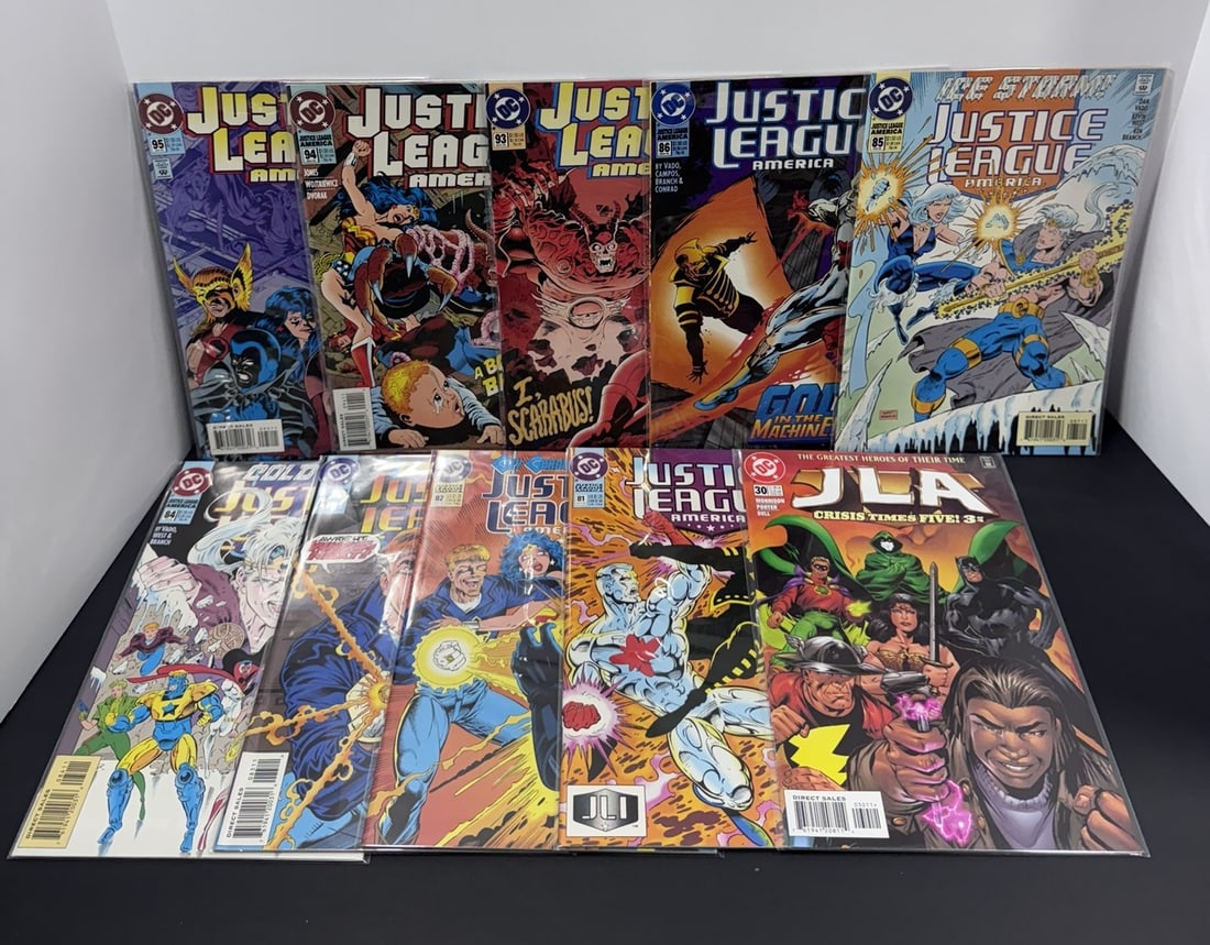 Justice League America & JLA Comic Book Lot (10 Books) DC Comics 1990s: Lot of ten (10) DC Comics featuring Justice League America and JLA issues from the early-to-mid 1990s. The lot includes Justice League America #81, #82, #84, #85, #86, #93, #94, and #95, along with JL