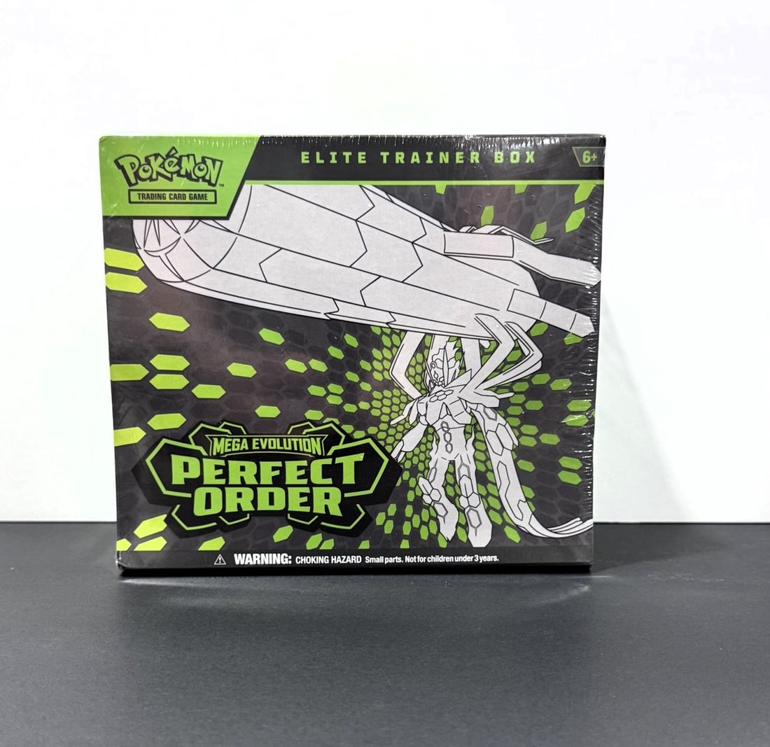 Pokémon Mega Evolution Perfect Order Elite Trainer Box – Sealed: Factory-sealed Pokémon Mega Evolution: Perfect Order Elite Trainer Box. Includes booster packs, card sleeves, dice, condition markers, and other exclusive Elite Trainer Box accessories. A