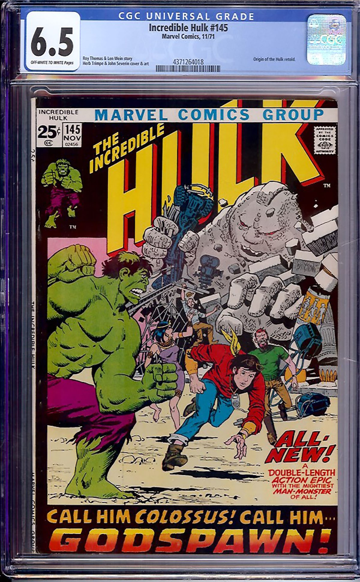 Incredible Hulk #145 (Marvel, 1971) CGC 6.5: Incredible Hulk #145 features the origin of Godspawn, one of the memorable supernatural adversaries encountered during the Hulk's Bronze Age adventures. Written by Roy Thomas with artwork by Herb
