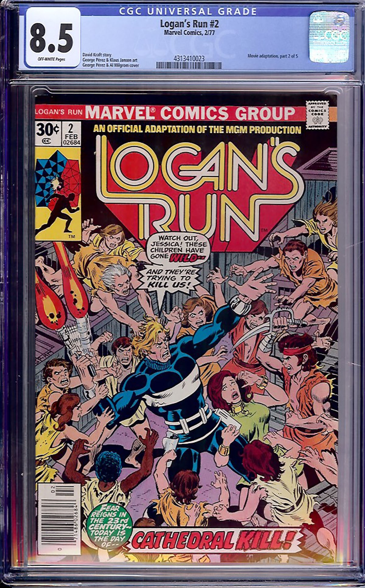 Logan's Run #2 (Marvel, 1977) CGC 8.5: Logan's Run #2 continues Marvel's comic adaptation of the classic MGM science fiction film. Written by David Kraft with artwork by George Pérez and Klaus Janson, this issue captures the futuristi