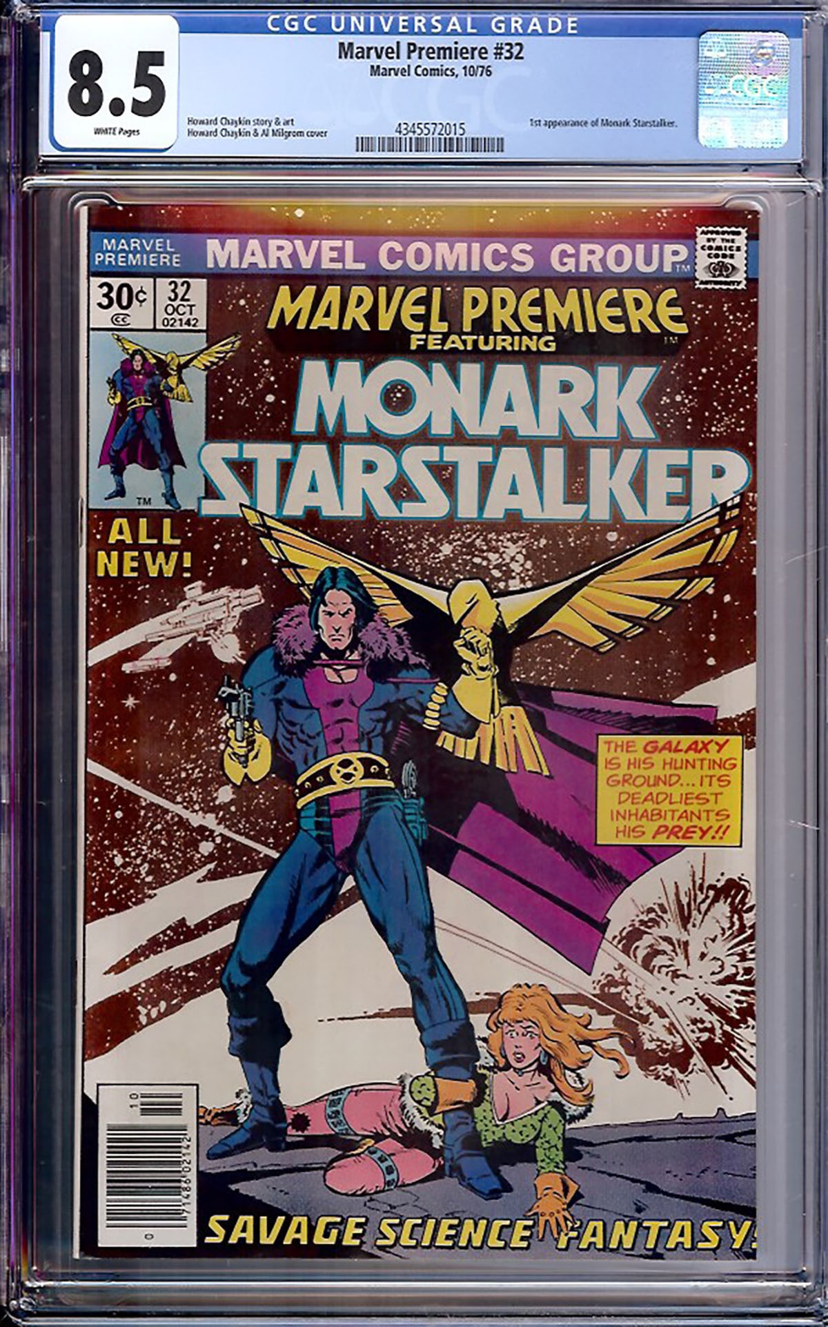 Marvel Premiere #32 (Marvel, 1976) CGC 8.5: Marvel Premiere #32 marks the first appearance of Monark Starstalker, a science-fiction hero created by Howard Chaykin. Combining space opera themes with Chaykin's distinctive artistic style, this