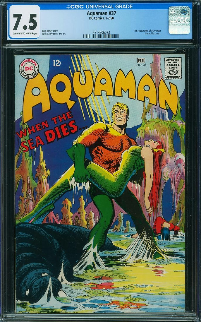 Aquaman #37 (DC, 1968) CGC 7.5: Aquaman #37 is a desirable Silver Age DC key featuring the first appearance of Scavenger (Peter Mortimer), one of Aquaman's most recognizable recurring adversaries. Written by Bob Haney with classic