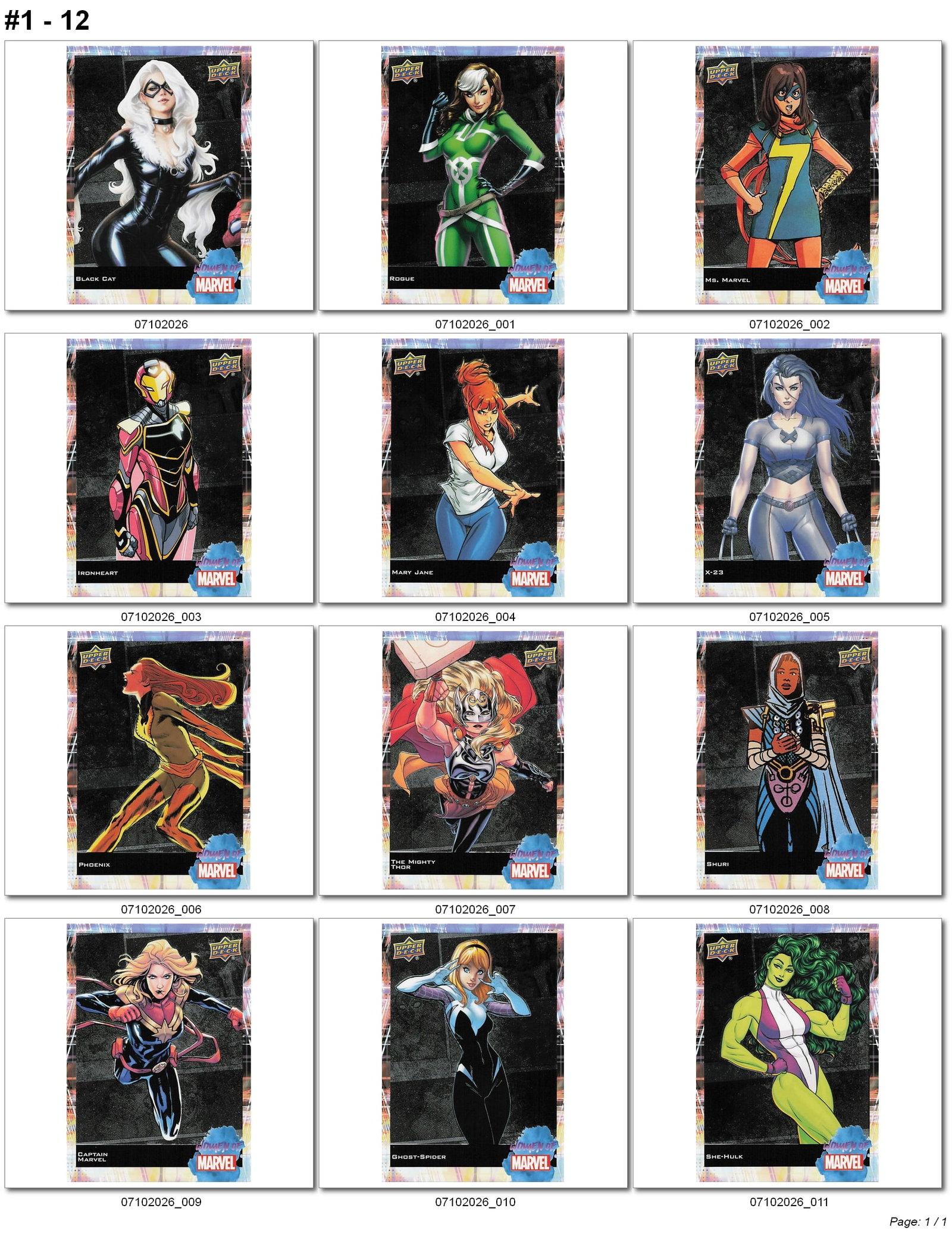 2024 Upper Deck Women of Marvel Foil Base Card Lot #1-12: 2024 Upper Deck Women of Marvel base card lot containing cards #1–12. This group includes twelve premium foil cards featuring Black Cat, Rogue, Ms. Marvel, Ironheart, Mary Jane, X-23, Phoenix, T