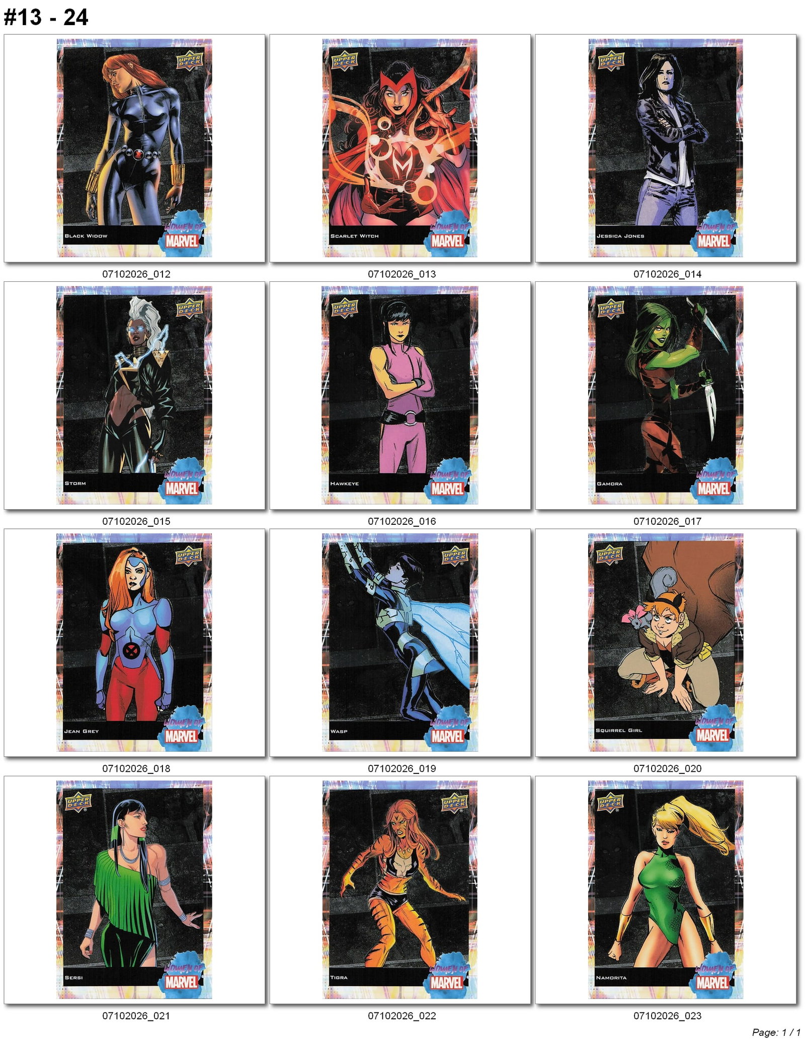 2024 Upper Deck Women of Marvel Foil Base Card Lot #13-24: 2024 Upper Deck Women of Marvel base card lot containing cards #13–24. This twelve-card group features Black Widow, Scarlet Witch, Jessica Jones, Storm, Hawkeye (Kate Bishop), Gamora, Jean Grey,