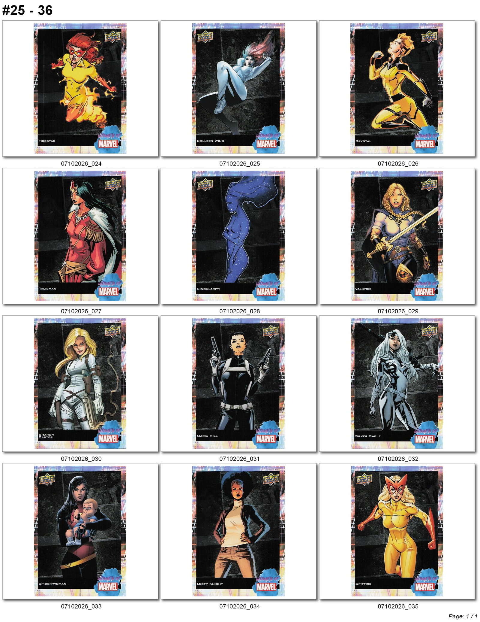 2024 Upper Deck Women of Marvel Foil Base Card Lot #25-36: 2024 Upper Deck Women of Marvel base card lot containing cards #25–36. This twelve-card group features Firestar, Colleen Wing, Crystal, Talisman, Singularity, Valkyrie, Sharon Carter, Maria Hill