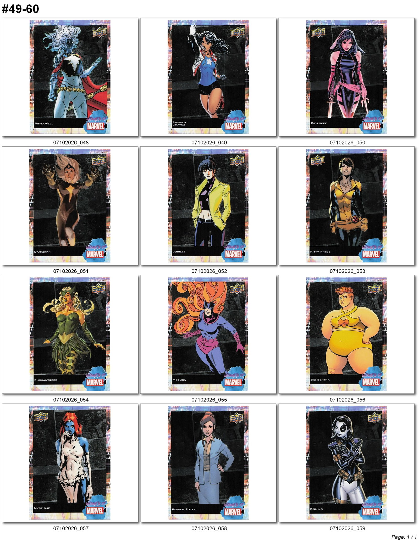 2025 Upper Deck Women of Marvel Foil Base Card Lot #49-60: 2024 Upper Deck Women of Marvel base card lot containing cards #37–48. This twelve-card group features Elektra, Dazzler, Spectrum, Elsa Bloodstone, Emma Frost, Clea, Mirage, Aurora, Moondragon,