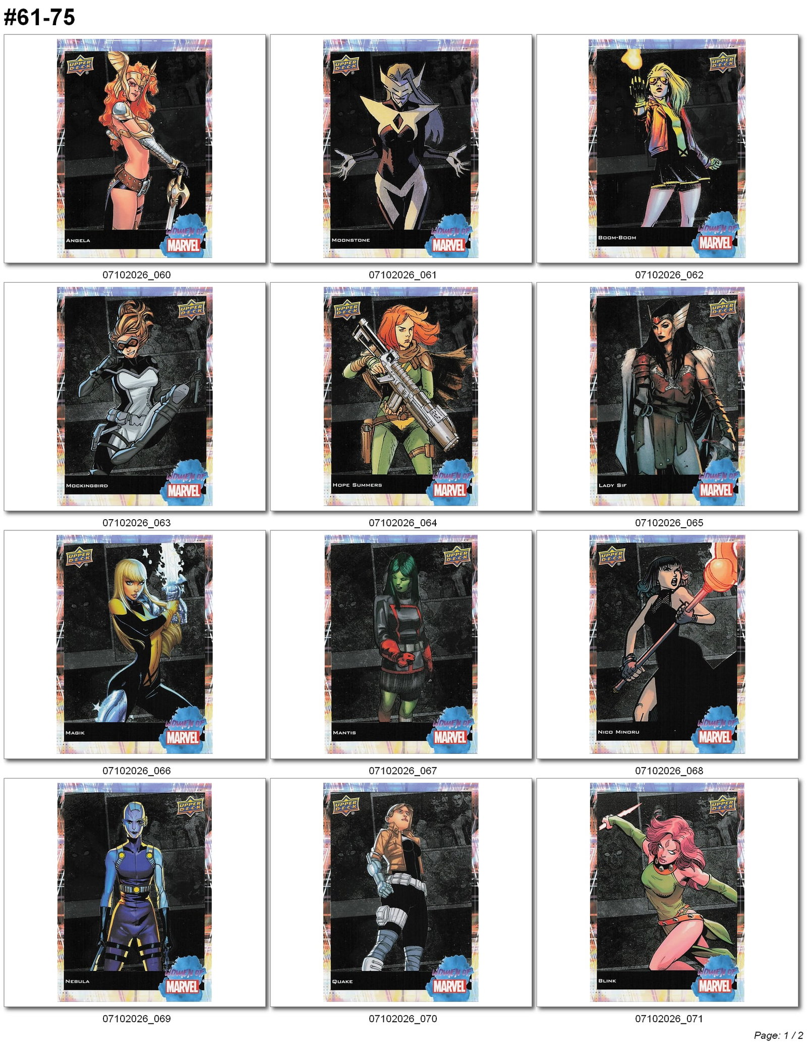 2025 Upper Deck Women of Marvel Rainbow Foil Parallel Cards #61–75: Complete lot of fifteen (15) 2024 Upper Deck Women of Marvel Rainbow Foil Parallel trading cards numbered #61–75. This lot completes the Rainbow Foil parallel set and features Moonstone,