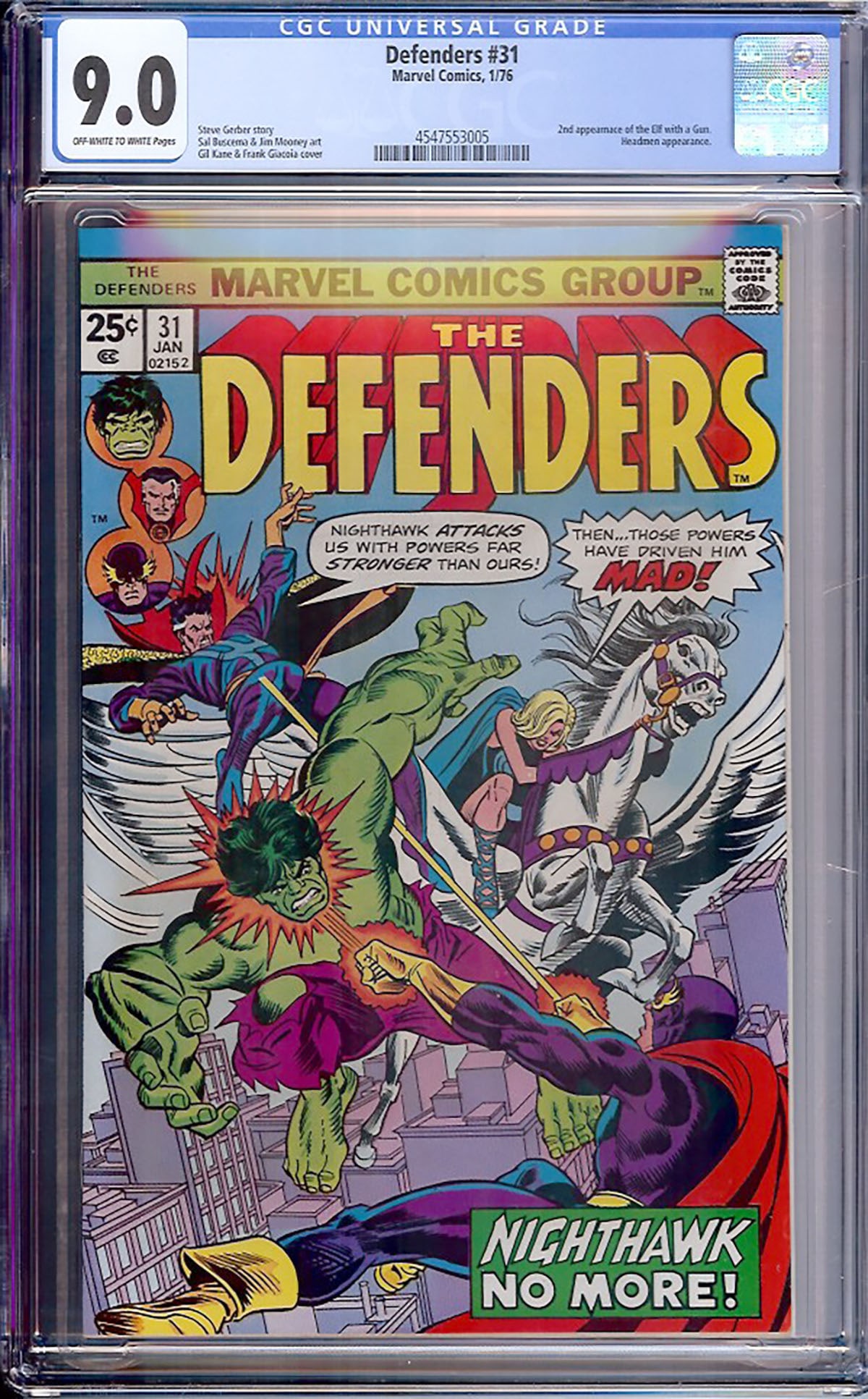 Defenders #31 (Marvel, 1976) CGC 9.0: Defenders #31 features the second appearance of the Elf with a Gun and a Headmen appearance, continuing one of Steve Gerber's most eccentric and influential storylines. The dramatic cover featuring