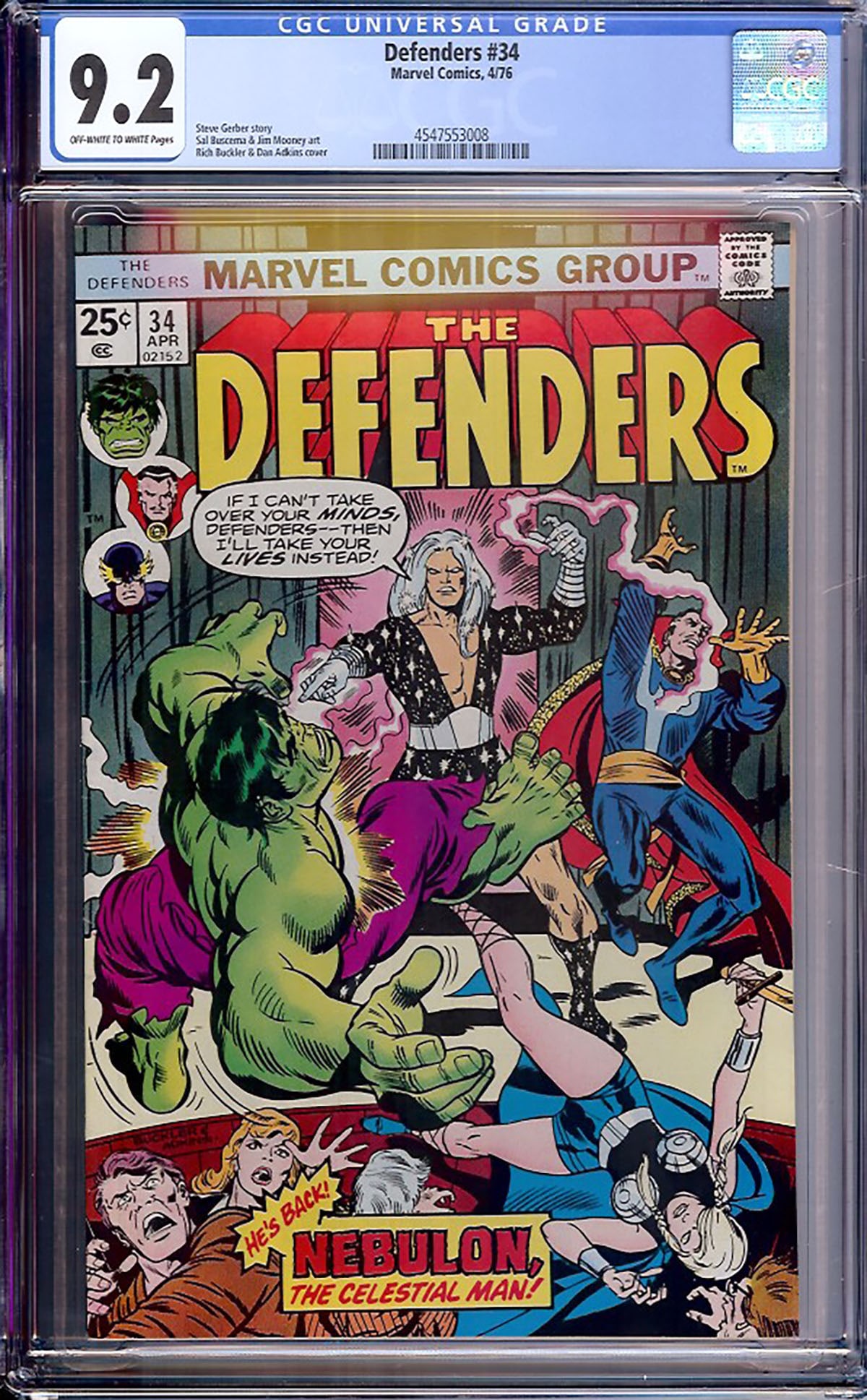 Defenders #34 (Marvel, 1976) CGC 9.2: Defenders #34 marks the return of Nebulon, the Celestial Man, in another memorable chapter from Steve Gerber's legendary Defenders run. Featuring Doctor Strange, Hulk, Valkyrie, and the core
