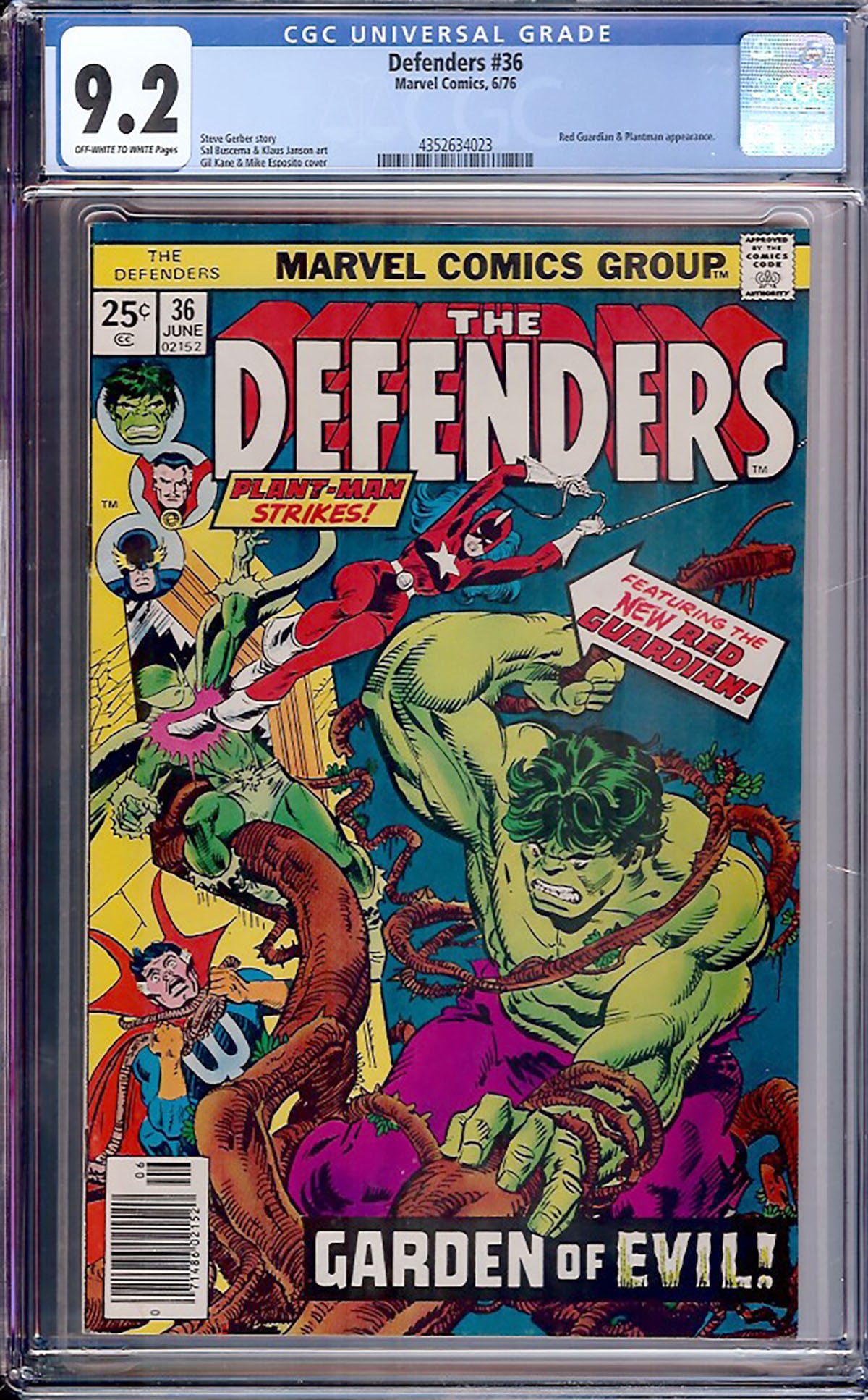 Defenders #36 (Marvel, 1976) CGC 9.2: Defenders #36 features appearances by Red Guardian and Plantman during Steve Gerber's celebrated run on the title. Sal Buscema's interior art and the energetic Gil Kane and Mike Esposito cover make