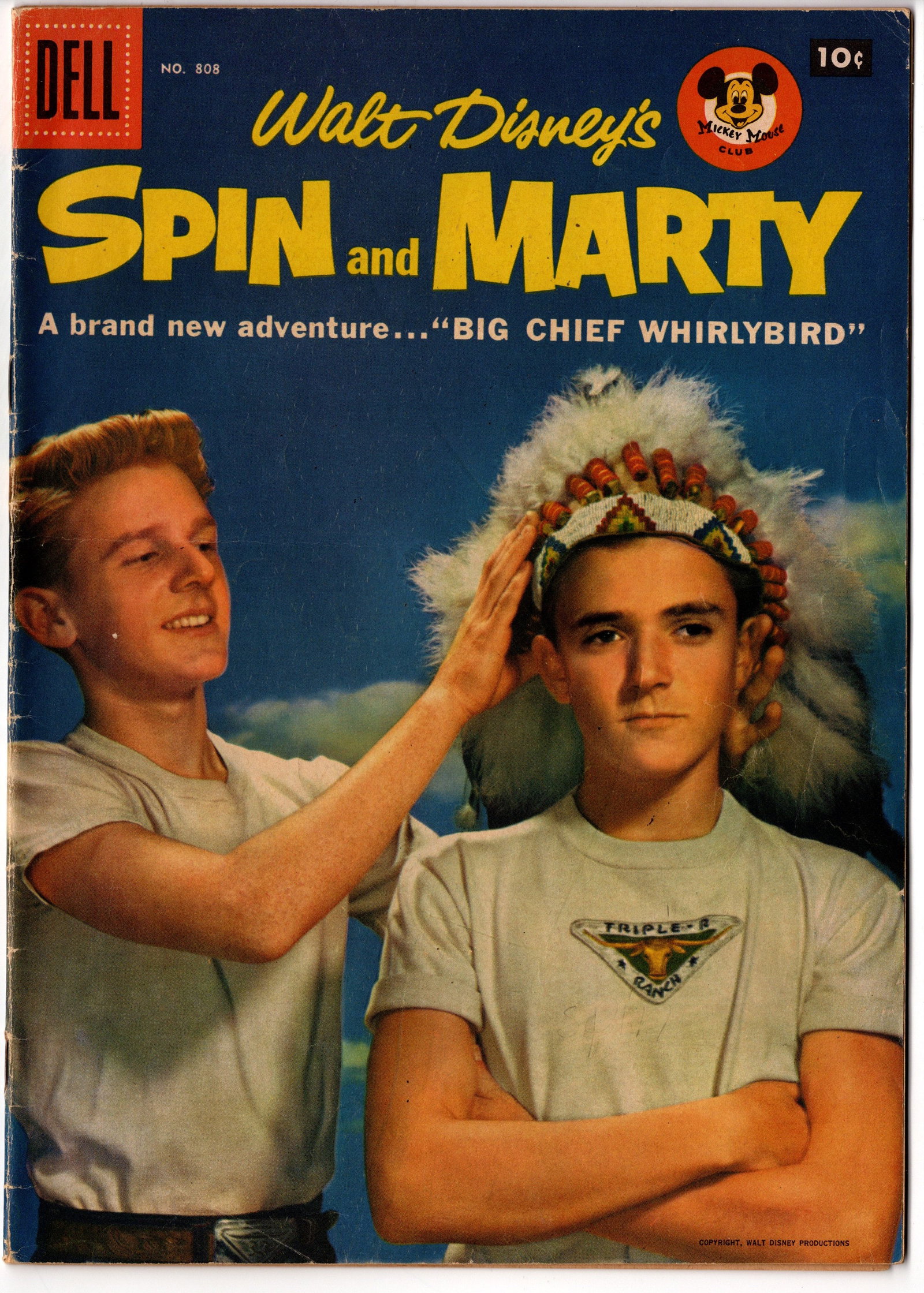 Four Color #808 – Spin and Marty (Dell, 1957): Four Color #808 featuring Walt Disney's Spin and Marty, published by Dell Comics in 1957. Based on the beloved Disney television serial and highly collectible among Disney TV memorabilia fans.