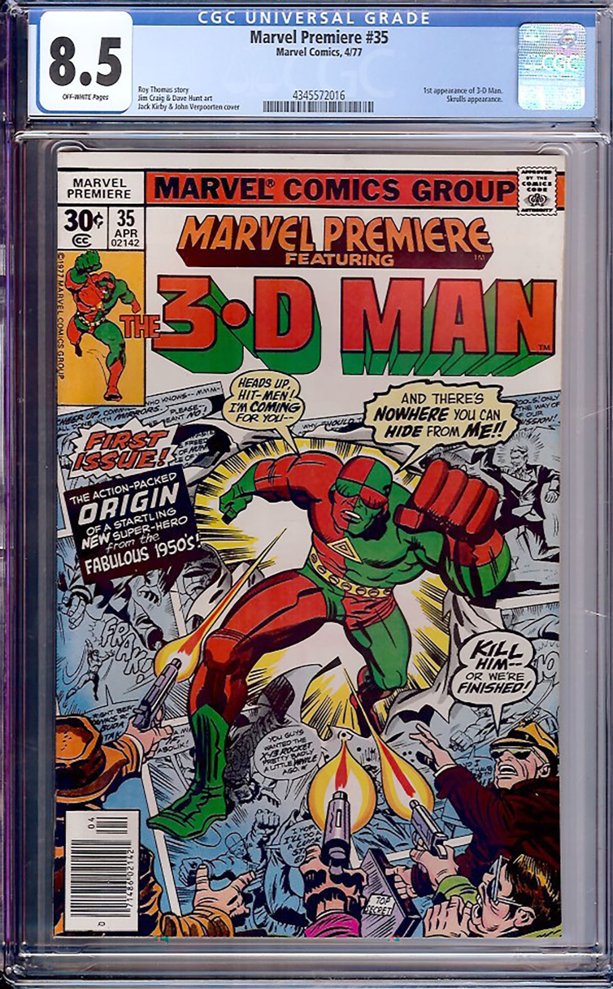 Marvel Premiere #35 (Marvel, 1977) CGC 8.5: Marvel Premiere #35 introduces the modern incarnation of 3-D Man, expanding Marvel's lineup of unique Bronze Age superheroes. Written by Roy Thomas with artwork by Jim Craig and a cover by Jack Kirby