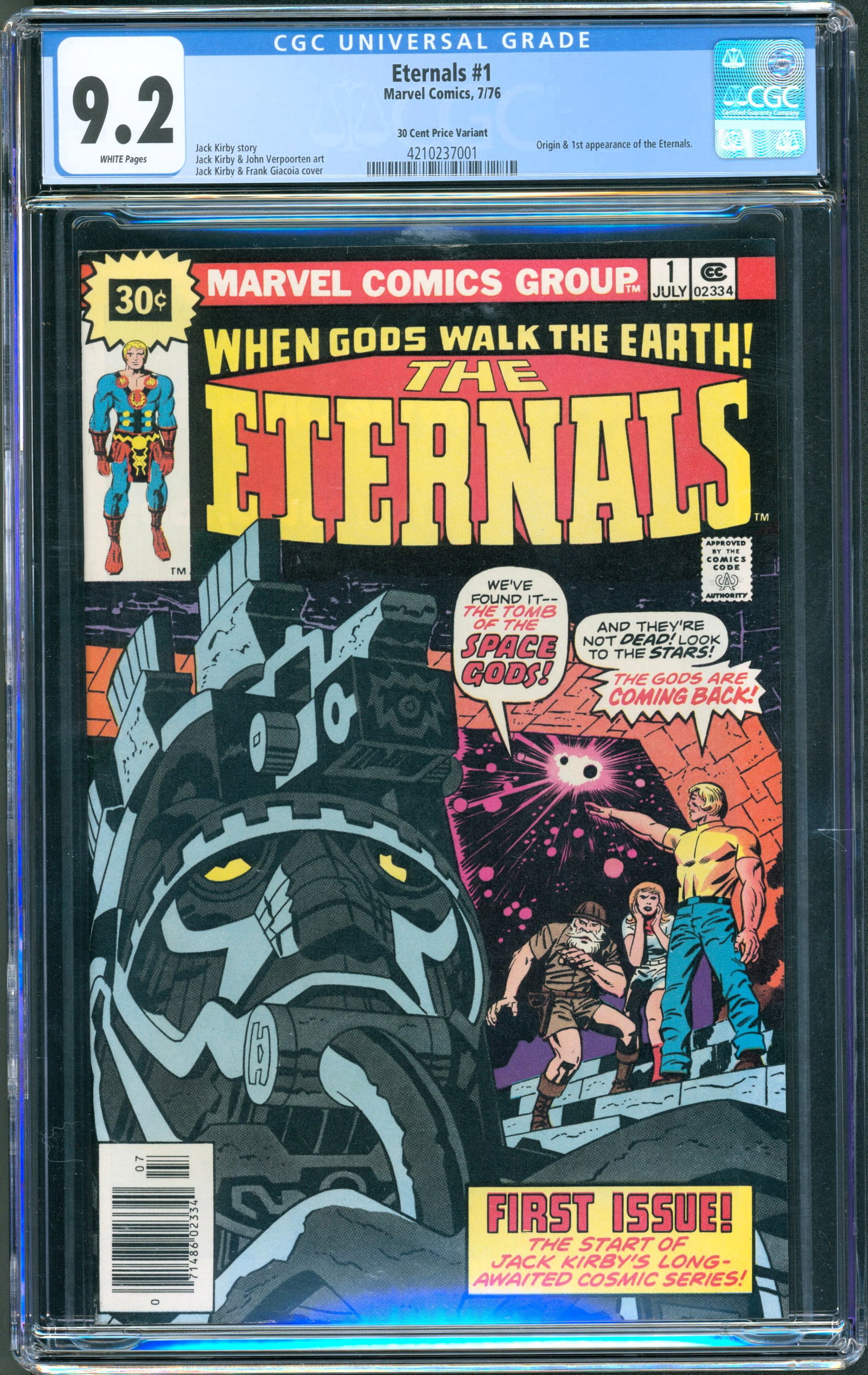The Eternals #1 30¢ Price Variant (Marvel, 1976) CGC 9.2: The Eternals #1 30¢ Price Variant marks the first appearance and origin of the Eternals, introducing Ikaris, Sersi, Makkari, Ajak, and the immortal race created by the Celestials. Written and