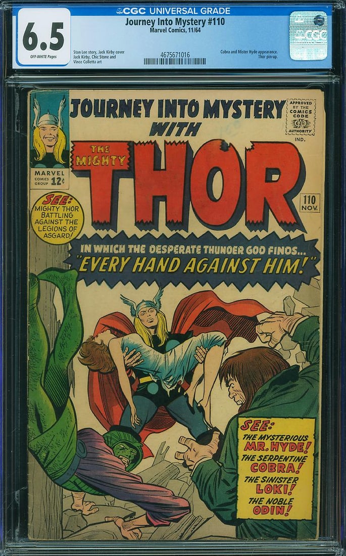 Journey Into Mystery #110 (Marvel, 1964) CGC 6.5: Published in November 1964, Journey Into Mystery #110 features appearances by Cobra and Mister Hyde, as noted on the CGC label, along with the included Thor pin-up. Written by Stan Lee with cover artw