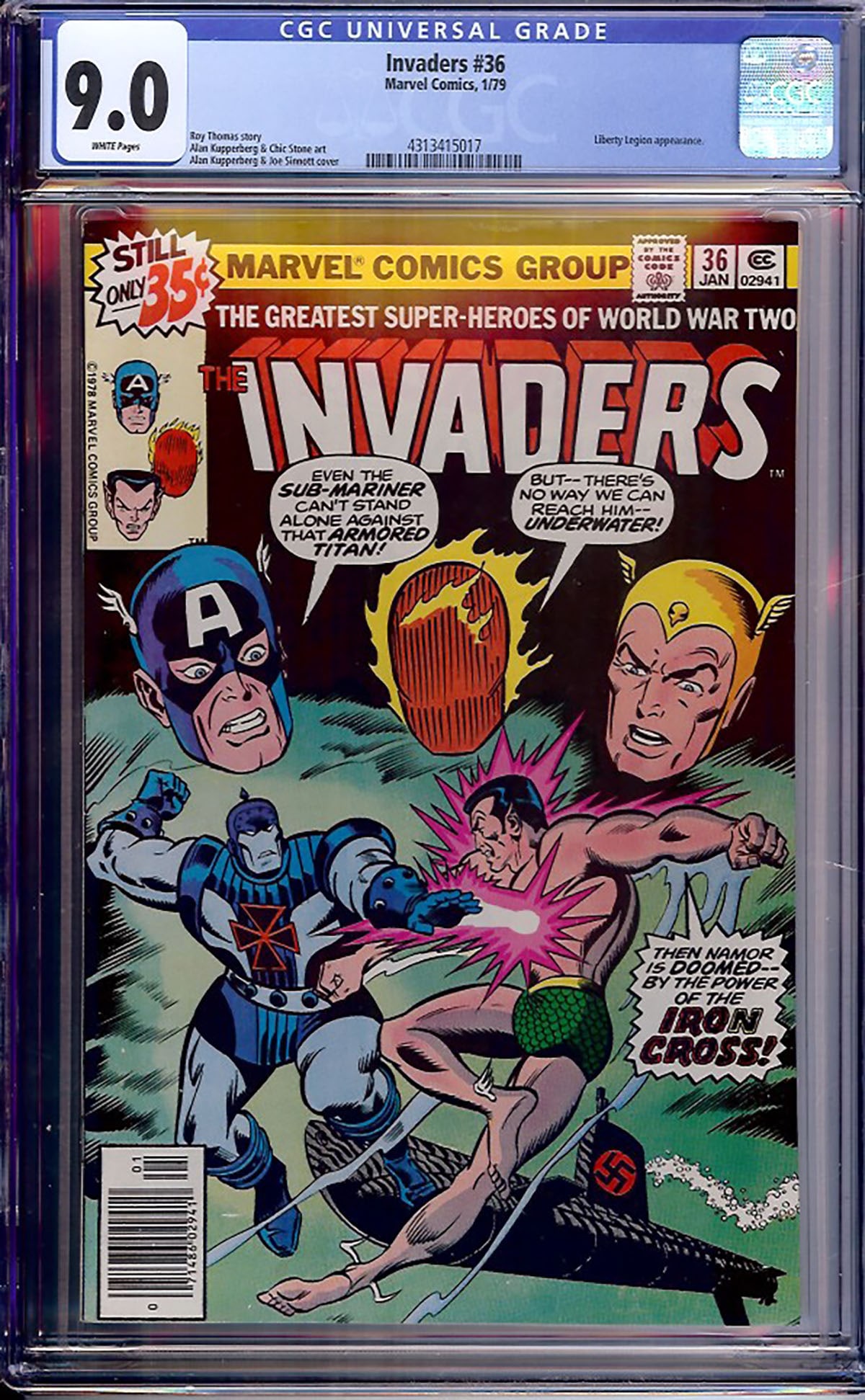 Invaders #36 (Marvel, 1979) CGC 9.0: Invaders #36 features the appearance of Liberty Legion as Marvel's wartime heroes confront another formidable threat beneath an action-packed Alan Kupperberg and Joe Sinnott cover. Roy Thomas
