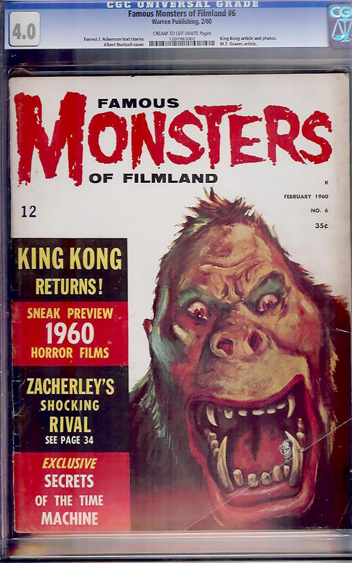 Famous Monsters of Filmland #6 (Warren, 1960) CGC 4.0: Famous Monsters of Filmland #6, published by Warren in February 1960, is an early issue from the legendary horror and science fiction magazine edited by Forrest J. Ackerman. This CGC Universal Grade