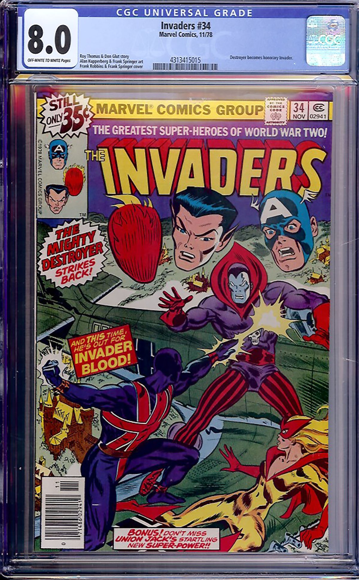 Invaders #34 (Marvel, 1978) CGC 8.0: Invaders #34 continues the ongoing adventures of Marvel's legendary World War II super-team as the Destroyer returns in another action-filled installment. Written by Roy Thomas with artwork by Alan