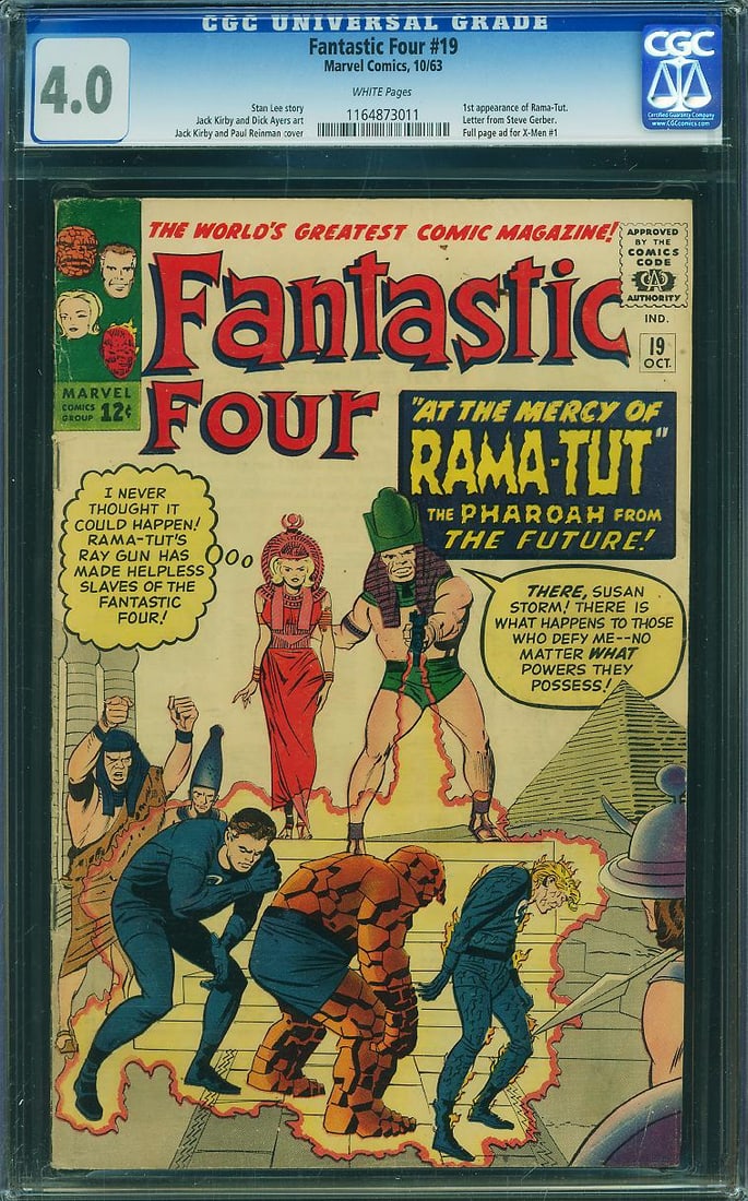 Fantastic Four #19 (Marvel, 1963) CGC 4.0: Published in October 1963, Fantastic Four #19 is a landmark Silver Age Marvel key featuring the first appearance of Rama-Tut, the time-traveling Pharaoh who was later revealed to be an incarnation of