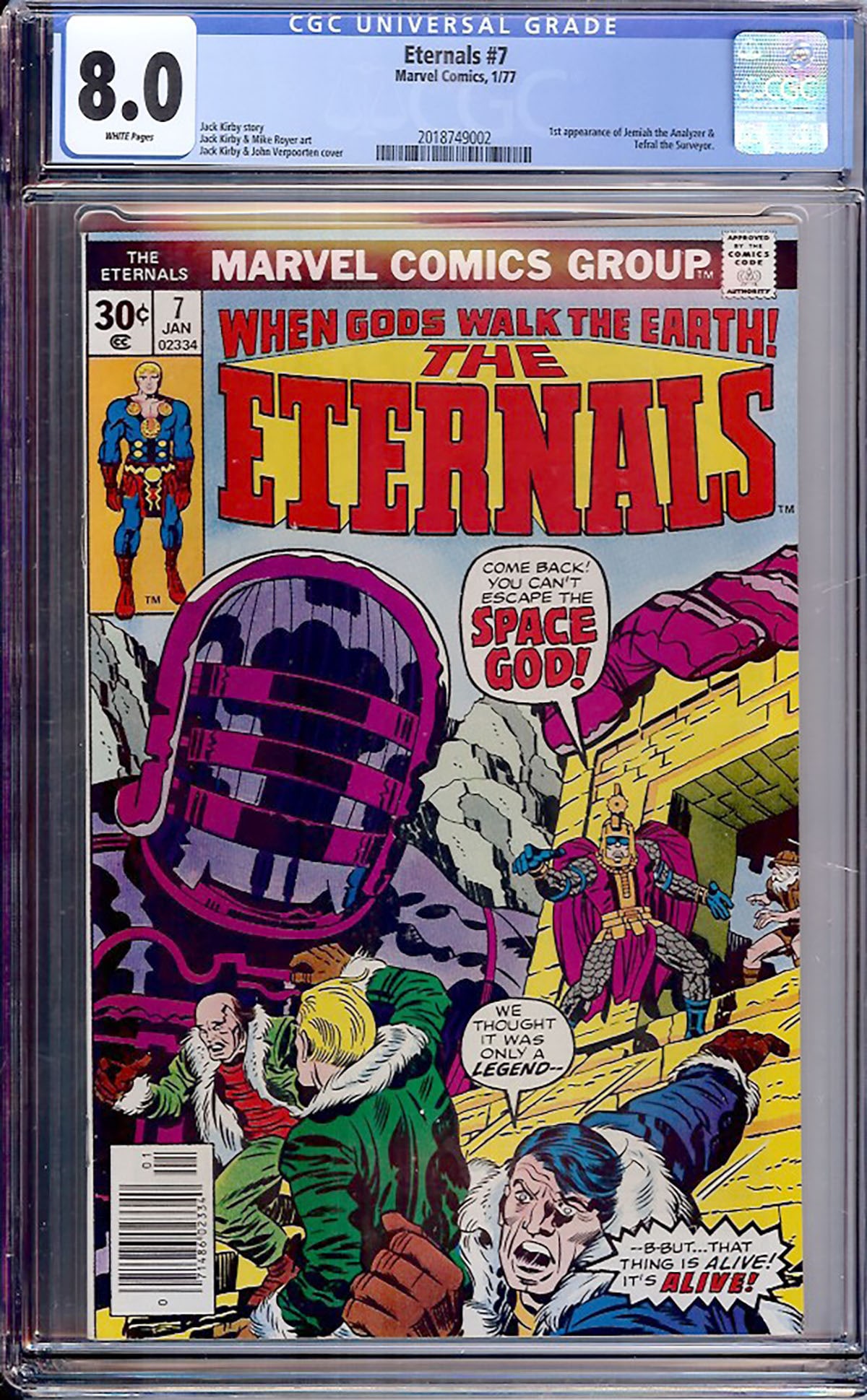 The Eternals #7 (Marvel, 1977) CGC 8.0: The Eternals #7 features the first appearances of Jeriah the Analyzer and Jefral the Surveyor, adding two important Celestial characters to Jack Kirby's expanding mythology. Kirby both wrote and