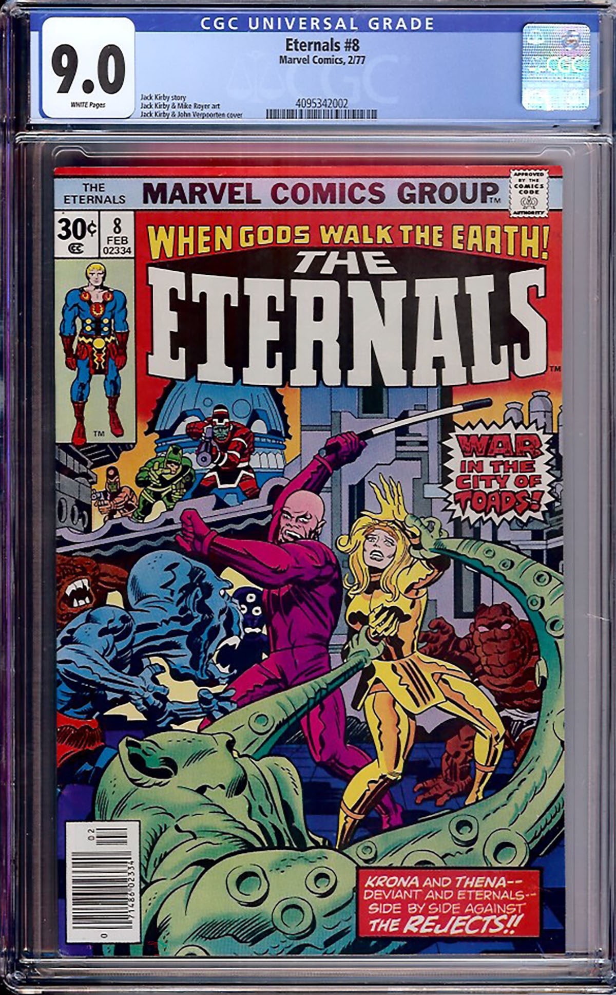 The Eternals #8 (Marvel, 1977) CGC 9.0: The Eternals #8 continues Jack Kirby's celebrated cosmic epic as Kro and Thena confront the Deviants in the City of Toads. Kirby's signature storytelling and dynamic artwork remain on full display as