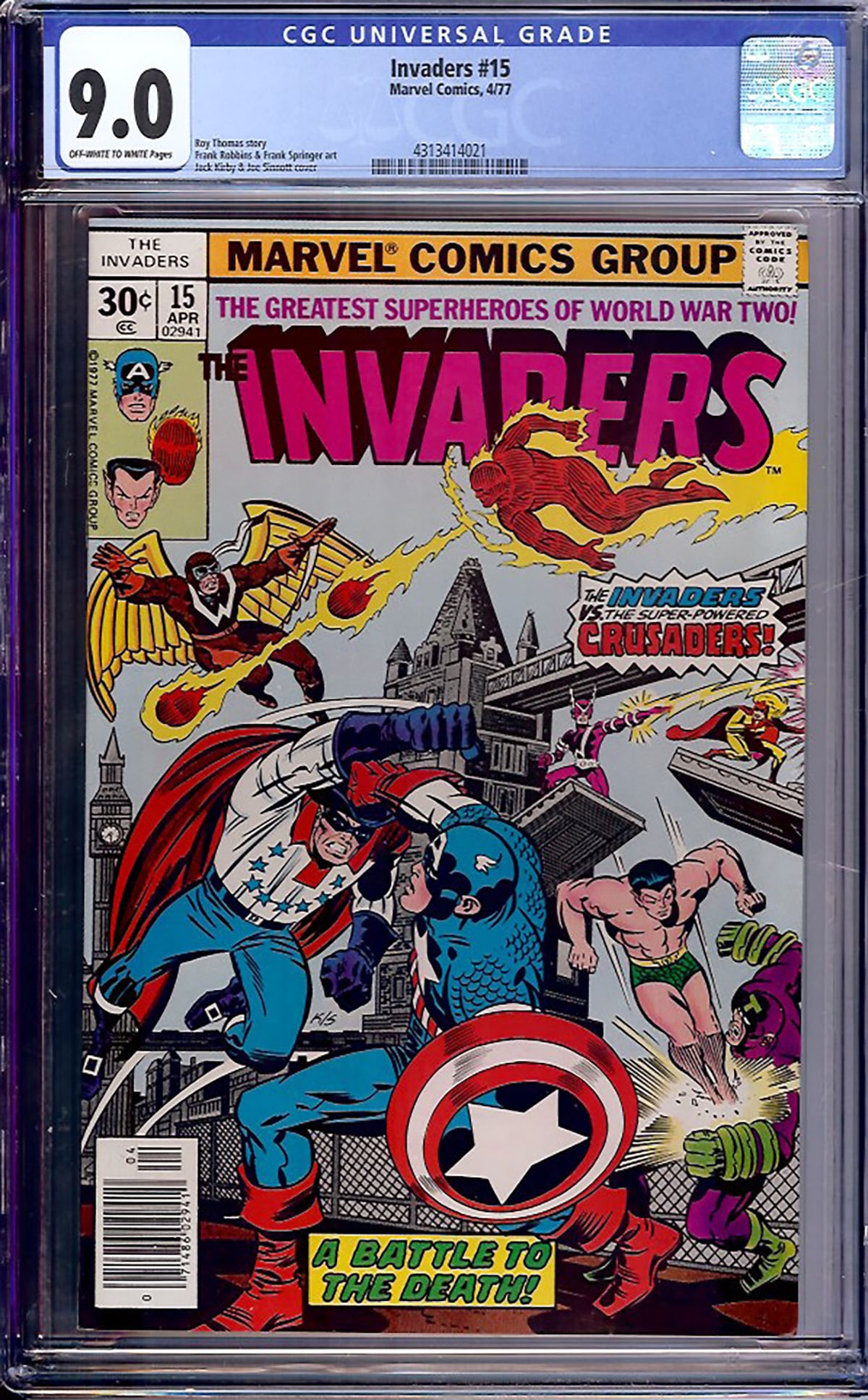 Invaders #15 (Marvel, 1977) CGC 9.0: Invaders #15 features another thrilling chapter in Marvel's World War II superhero saga from writer Roy Thomas with artwork by Frank Robbins. The issue pits the Invaders against the super-powered Crus