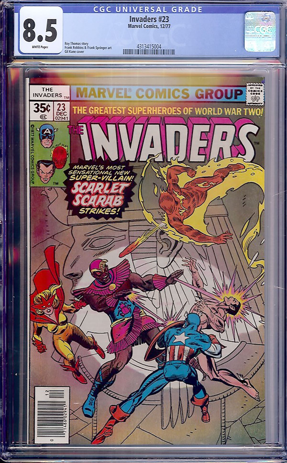 Invaders #23 (Marvel, 1977) CGC 8.5: Invaders #23 introduces the Scarlet Scarab into the ongoing adventures of Marvel's premier World War II super-team. Written by Roy Thomas with artwork by Frank Robbins, the issue features another