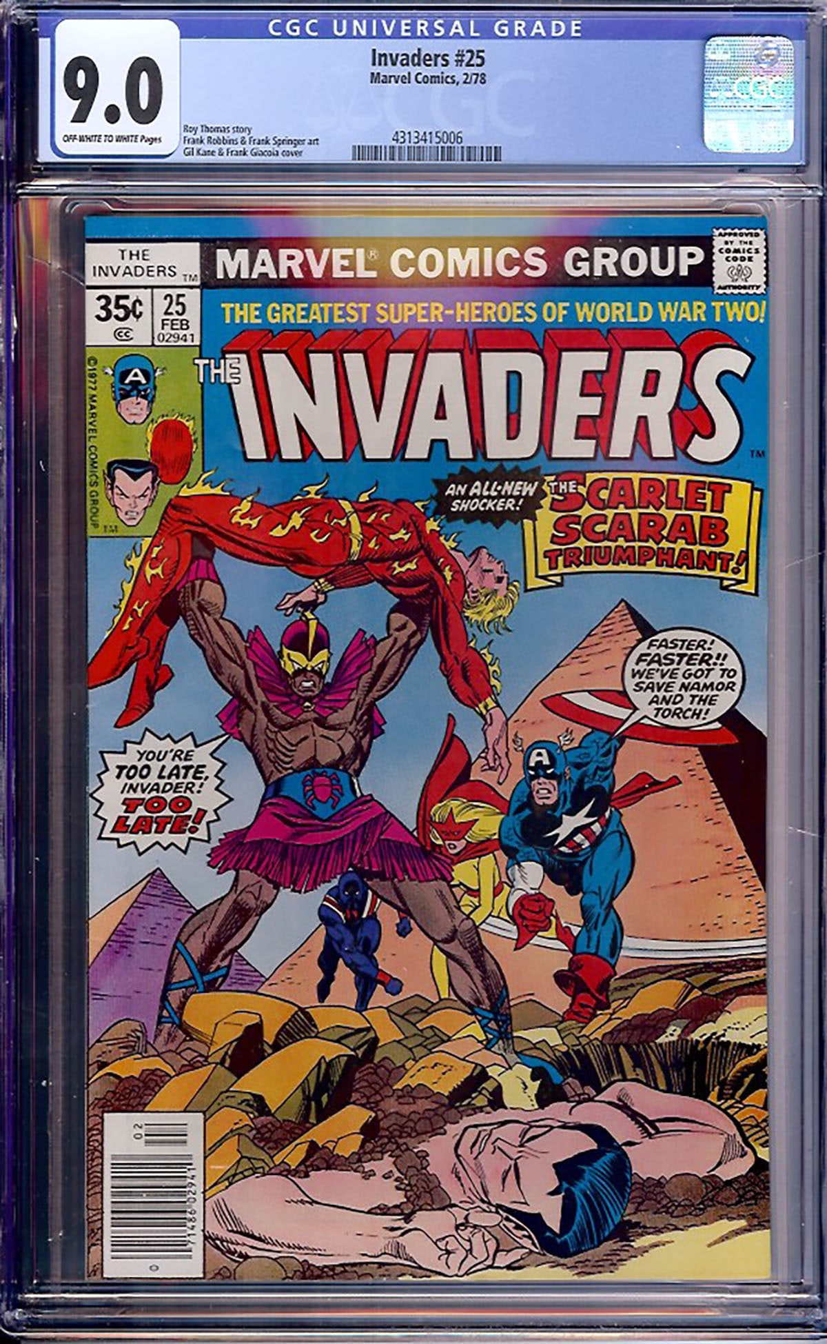 Invaders #25 (Marvel, 1978) CGC 9.0: Invaders #25 continues the popular Scarlet Scarab storyline as Marvel's World War II heroes battle another dangerous supernatural foe. Roy Thomas delivers another entertaining installment featuring Ca