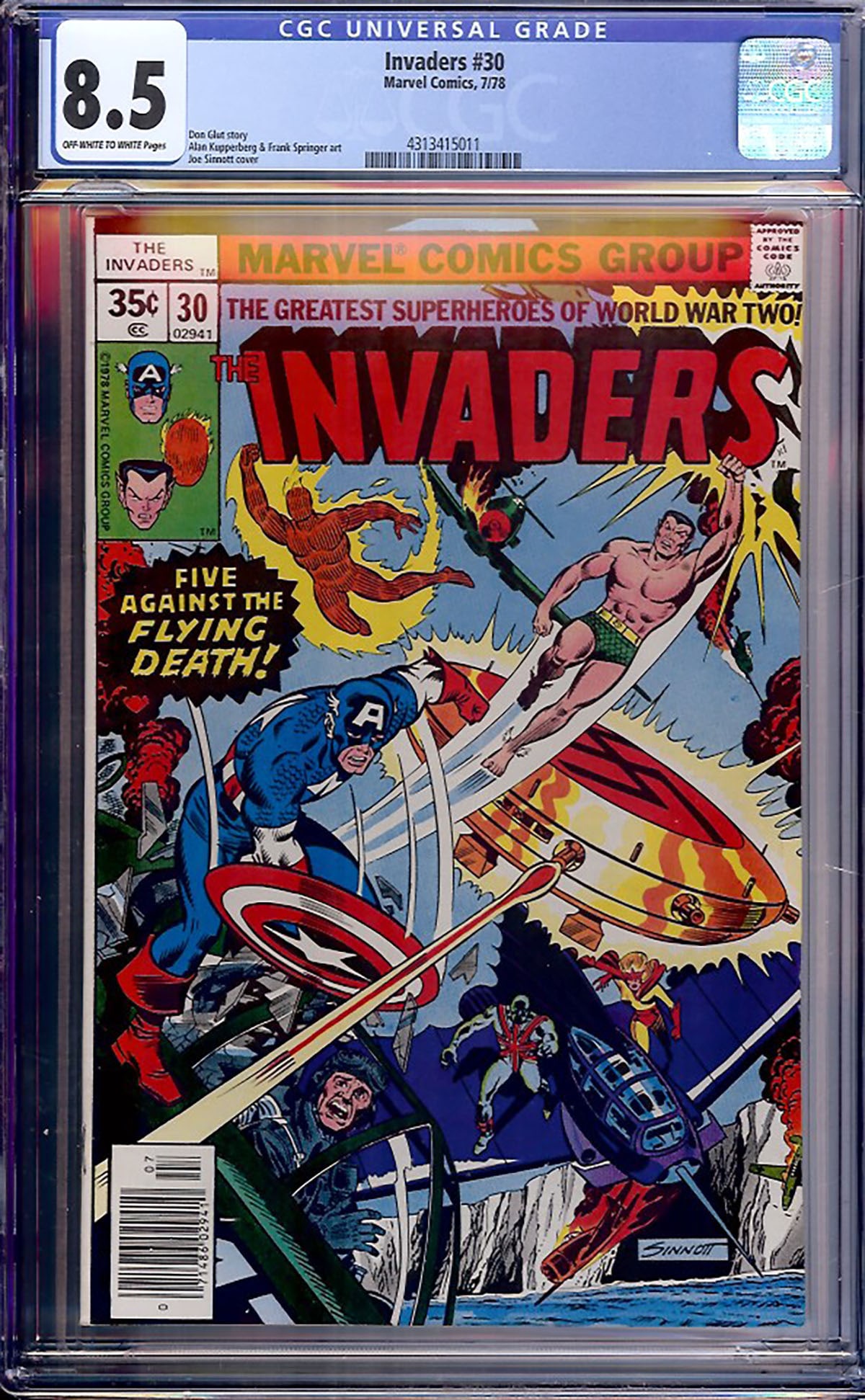 Invaders #30 (Marvel, 1978) CGC 8.5: Invaders #30 features another exciting wartime adventure starring Captain America, Namor, the Human Torch, and the Invaders as they battle airborne Axis threats in classic Marvel fashion. Written by