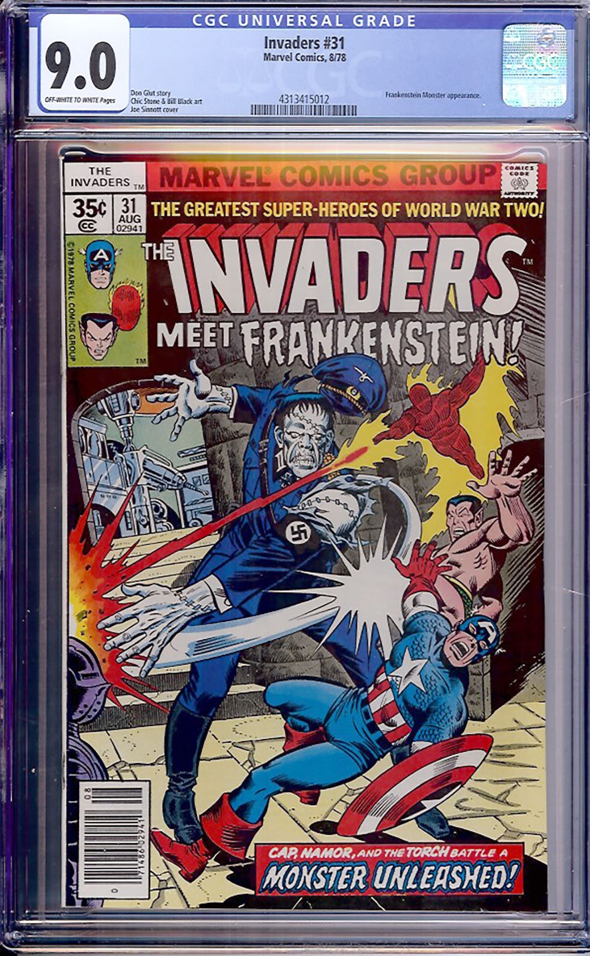 Invaders #31 (Marvel, 1978) CGC 9.0: Invaders #31 features the unusual crossover of Marvel's World War II heroes battling Frankenstein's Monster in one of the more memorable late-series issues. Written by Don Glut with artwork by Chic