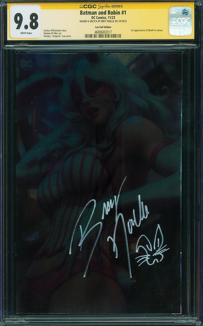 Batman and Robin #1 Lau Foil Edition (DC, 2023) CGC Signature Series 9.8: Batman and Robin #1 Lau Foil Edition, published by DC Comics in 2023, marks the launch of Joshua Williamson's acclaimed series featuring Bruce Wayne and Damian Wayne reunited as the Dynamic Duo. This