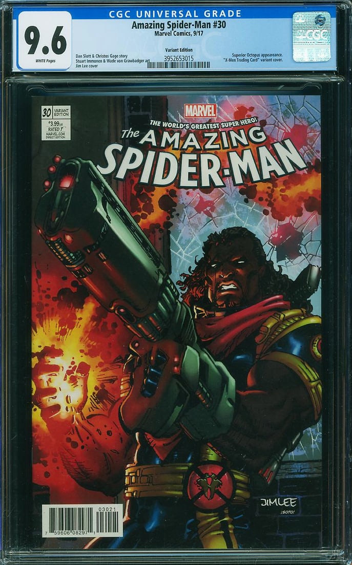 Amazing Spider-Man #30 (Marvel, 2017) CGC 9.6 Jim Lee Variant: Amazing Spider-Man #30 Jim Lee X-Men Trading Card Variant, published by Marvel Comics in 2017, features an exclusive cover by legendary artist Jim Lee inspired by his iconic 1992 X-Men Series 1