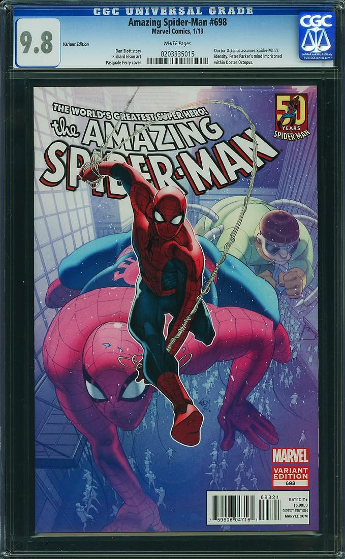 Amazing Spider-Man #698 Variant Edition (Marvel, 2013) CGC 9.8: Amazing Spider-Man #698 Variant Edition, published by Marvel Comics in 2013, is a pivotal issue in Dan Slott's acclaimed "Dying Wish" storyline. This issue sets the stage for one of the most