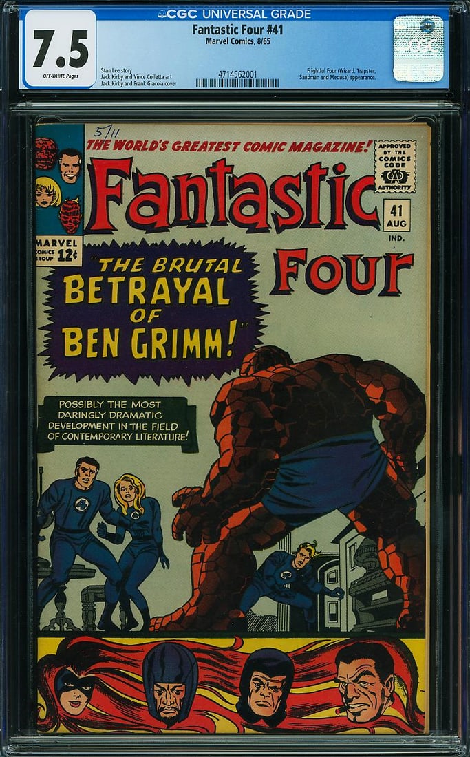 Fantastic Four #41 (Marvel, 1965) CGC 7.5: Fantastic Four #41 is a classic Silver Age Marvel issue by the legendary creative team of Stan Lee and Jack Kirby. The story introduces the Frightful Four lineup of The Wizard, Trapster (formerly