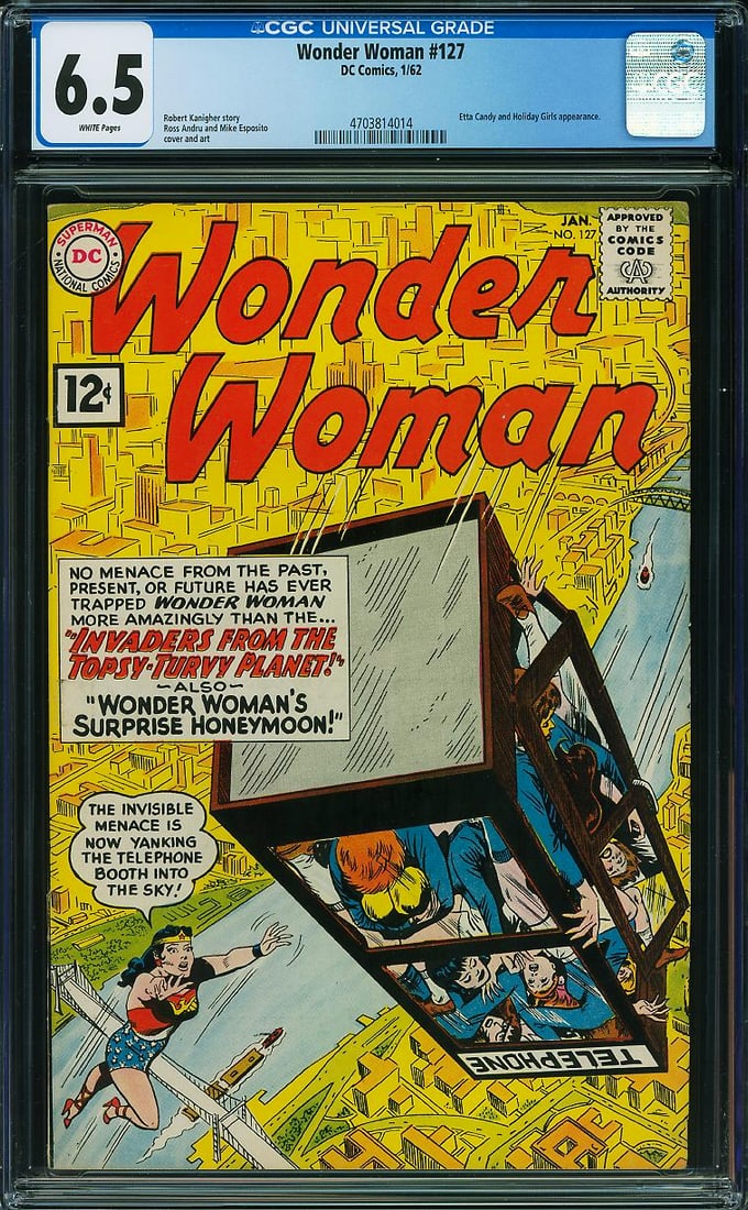 Wonder Woman #127 (DC, 1962) CGC 6.5: Published in January 1962, Wonder Woman #127 is an attractive early Silver Age issue featuring classic stories by Robert Kanigher with artwork by Ross Andru and Mike Esposito. The memorable cover