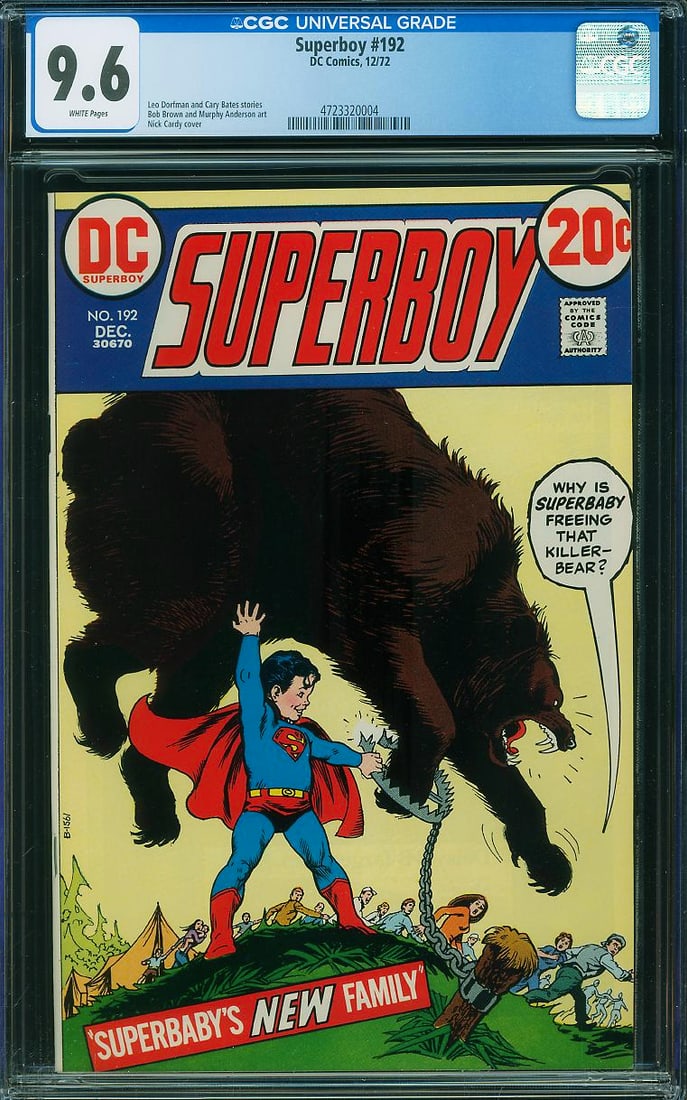 Superboy #192 (DC, 1973) CGC 9.6: Published in December 1972, Superboy #192 features the memorable cover story "Superbaby's New Family!" with striking artwork by legendary artist Nick Cardy. Written by Leo Dorfman and Cary Bates,