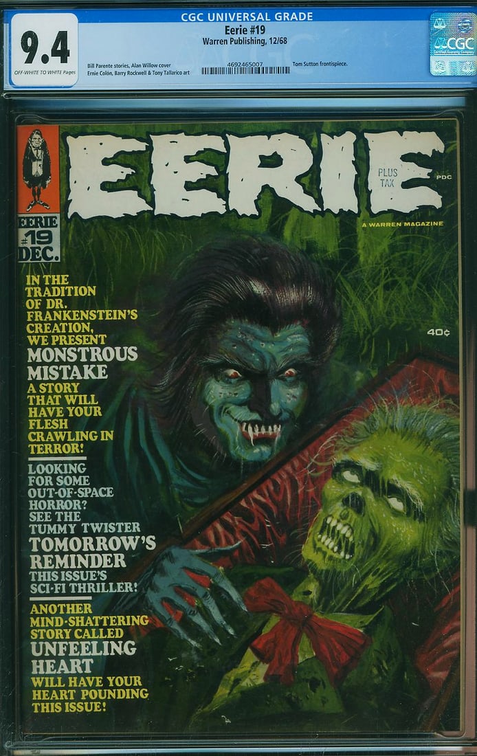 Eerie #19 (Warren, 1968) CGC 9.4: Eerie #19 (Warren, 1968) is a professionally graded comic suited for collectors building focused runs, character collections, or high-grade genre sets. Horror, mystery, and supernatural anthology