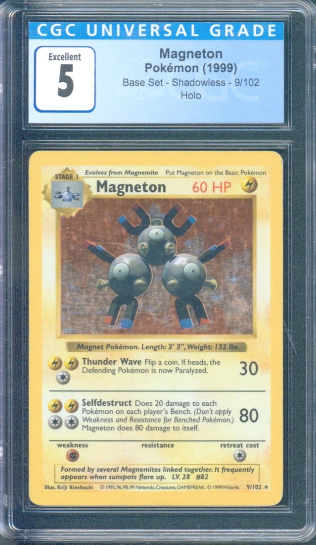 Magneton Shadowless Holo 9/102 (Base Set, 1999) CGC 5: 1999 Pokémon Base Set Shadowless Magneton Holo #9/102 graded CGC 5. A desirable Shadowless holographic card from the original Base Set with strong collector demand.