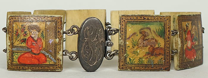Antique Persian Story Bracelet Sterling and Bone. Beautifully Painted. Very Nice Piece!