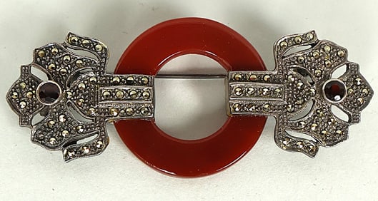 Carnelian, Garnet, and Marcasite Pin! Marked 925 Silver. Very Nice Piece!