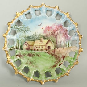 Lovely Antique Hand Painted German Plate. A Beautiful Wall Hanging Pierced Plate.