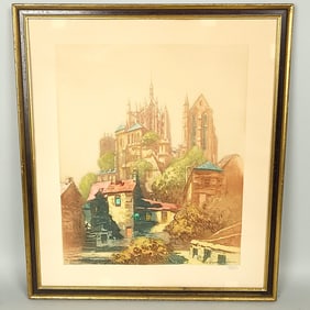 Beautiful Andre Guerin Le Gray Listed Artist Signed Colored Etching in Frame.