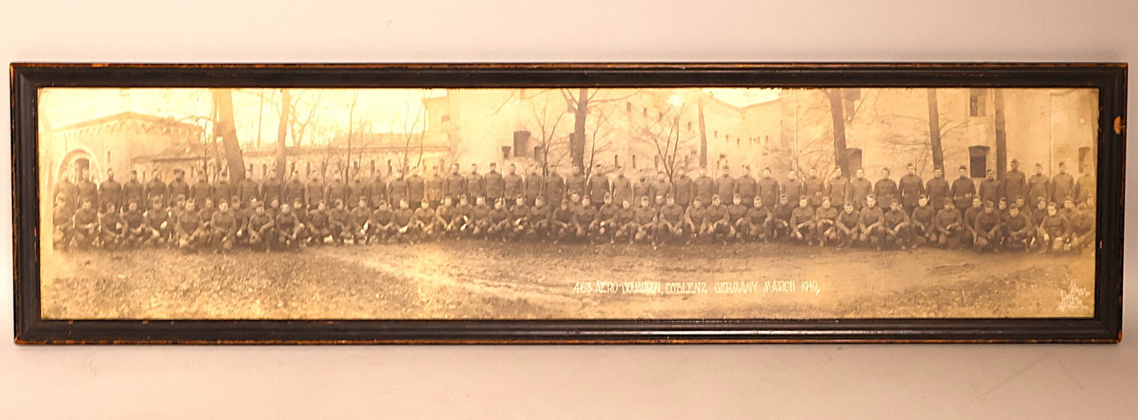 Amazing Panromantic Photo of 463 Areo Squadron in Coblenz Germany March 1919.: Amazing Panromantic Photo of 463 Areo Squadron in Coblenz Germany March 1919. A Piece of history following WWI. These guys were the first Dog Fighters in the World! Picture is 32" x 7" & Frame is 33.5