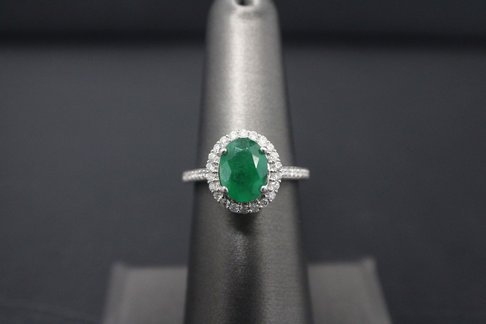 14K White Gold Oval Emerald Ring with Diamond Halo (1 of 4)