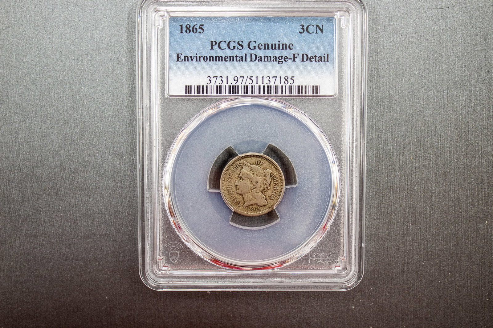 1865 3-Cent Coin, PCGS Genuine Environmental Damange -F Detail (1 of 4)