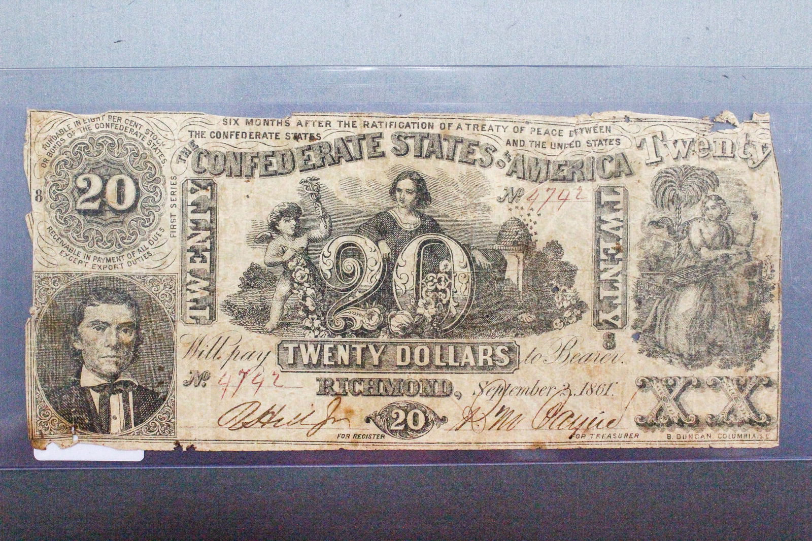 Confederate States of America $20 Bill, Issued Sept. 3, 1861 (1 of 4)